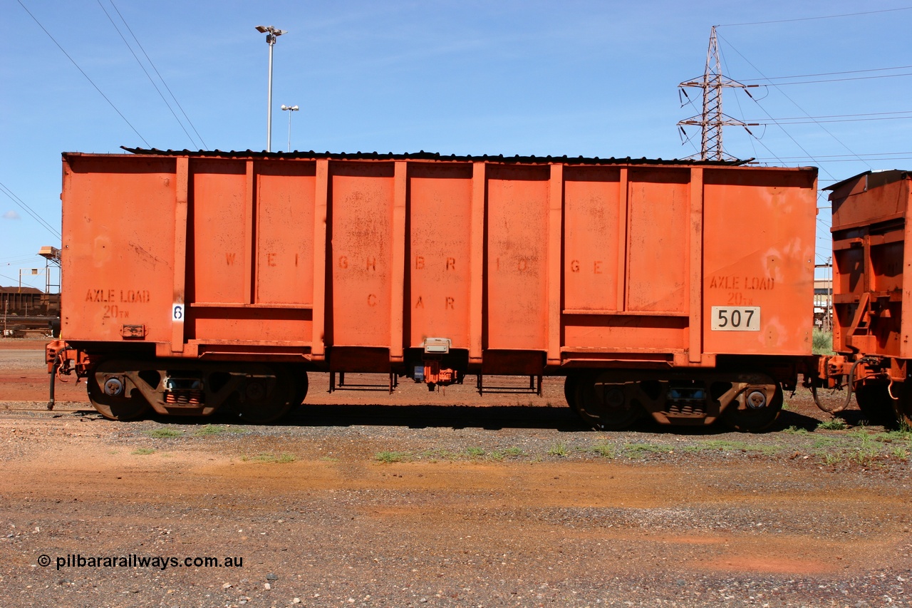 060414 3439
Nelson Point yard, originally a Magor USA built ballast waggon for the Oroville Dam construction, 507 seen here modified as a weighbridge test waggon with an axle load of 20 ton.
Keywords: Magor-USA;BHP-weigh-waggon;