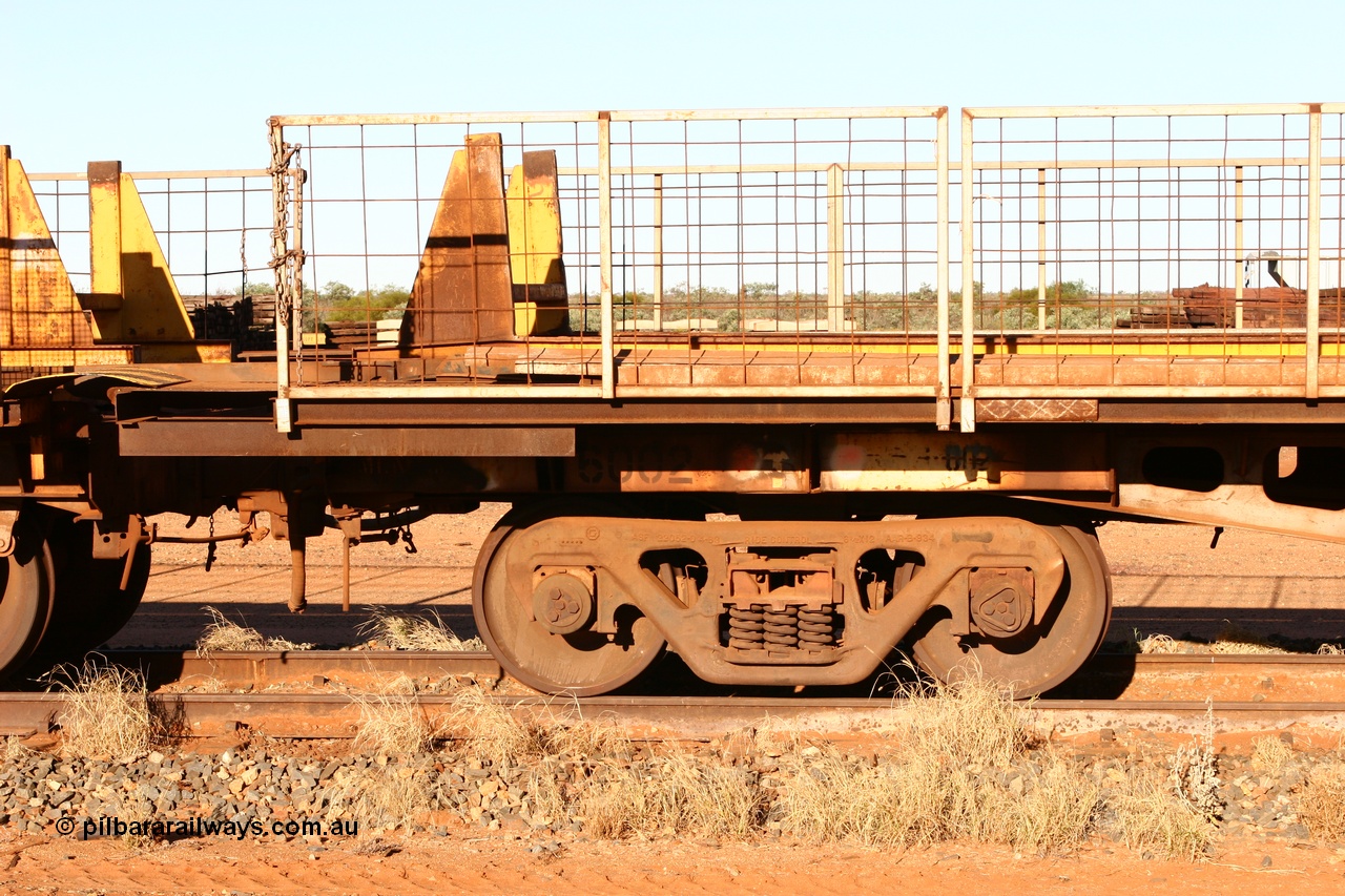 060429 3737
Flash Butt yard, Pony re-laying waggon, 6002 originally built for Goldsworthy Mining as one of a batch of six with a 55 tonne rating by Tomlinson Steel in 1966 of which three were sold to Mt Newman Mining in 1967 and numbered 6001-6003.
Keywords: BHP-pony-waggon;Tomlinson-Steel-WA;GML;