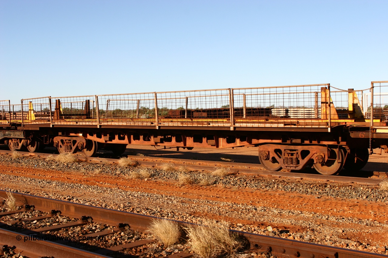 060429 3738
Flash Butt yard, Pony re-laying waggon, #1, originally built for Goldsworthy Mining as one of a batch of six with a 55 tonne rating by Tomlinson Steel in 1966.
Keywords: BHP-pony-waggon;Tomlinson-Steel-WA;GML;