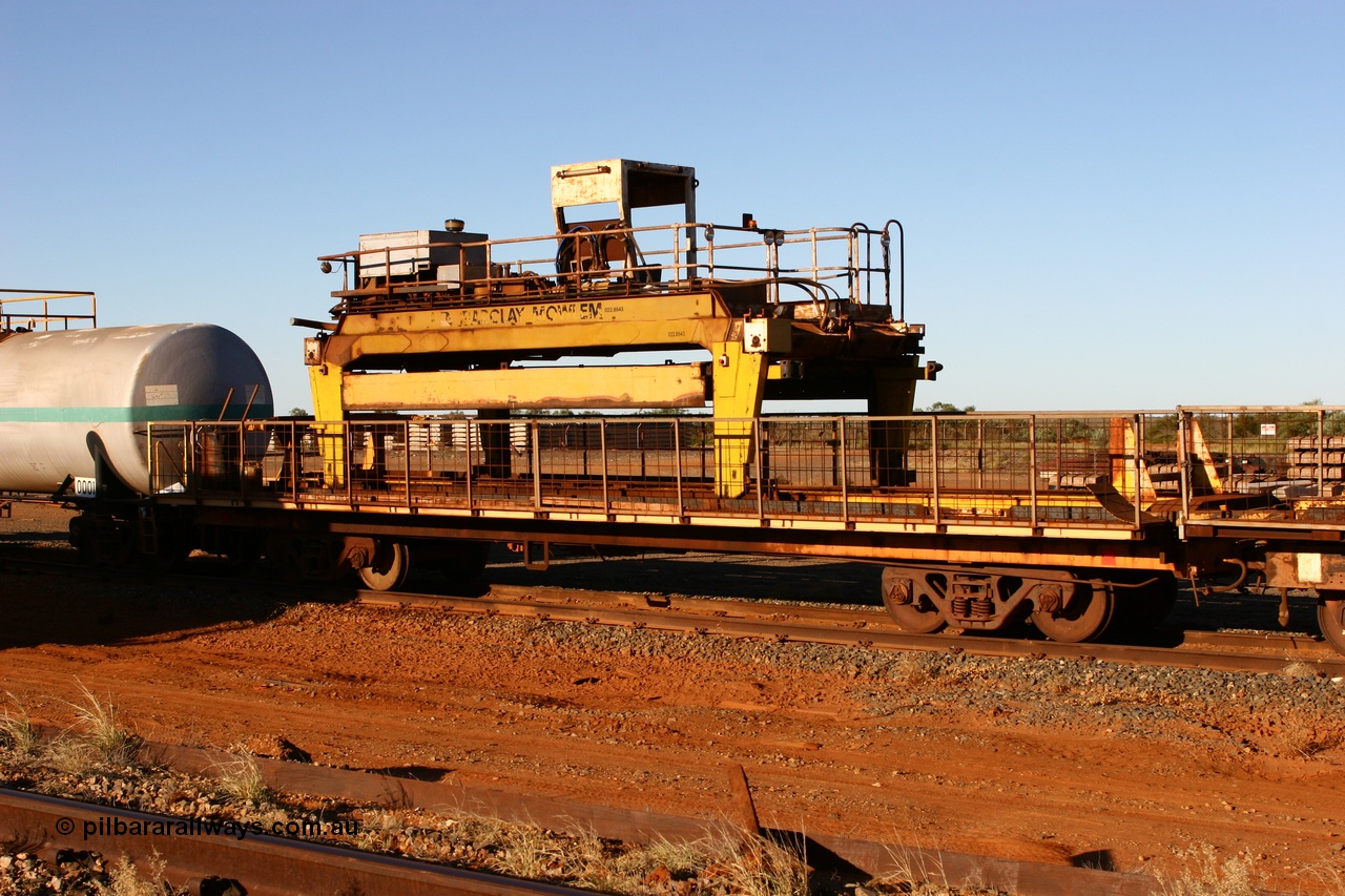 060429 3746
Flash Butt yard, Pony relaying flat waggon #6? in service on the Pony re-laying train as a transport waggon for a gantry car as pictured. Originally in service with Goldsworthy Mining as a BC or BCV box van, built by Comeng WA in 1966.
Keywords: Comeng-WA;GML;BHP-pony-waggon;