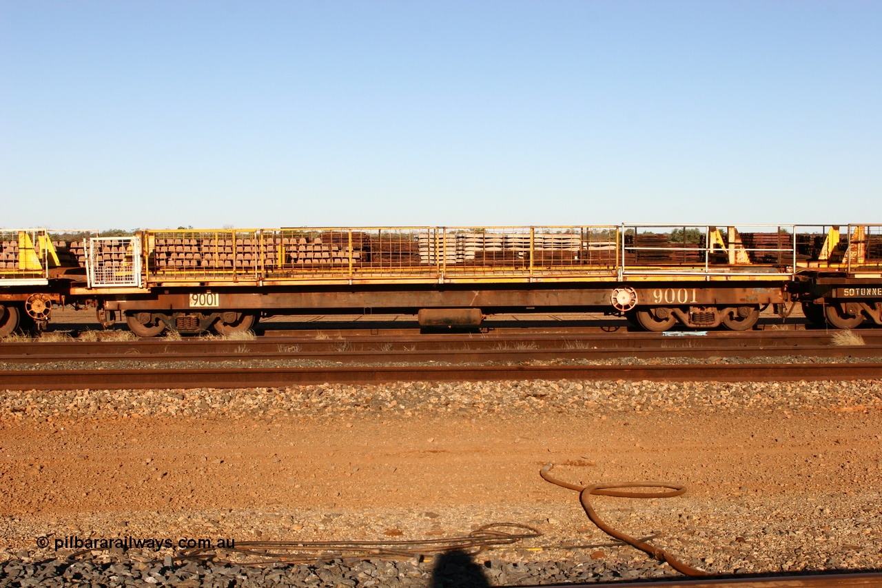 060429 3751
Flash Butt yard, Pony waggon 9001, originally built by Scotts of Ipswich Qld as a box car or covered van in December 1971, heavily modified and converted for Pony traffic, side view.
Keywords: BHP-pony-waggon;Scotts-Qld;