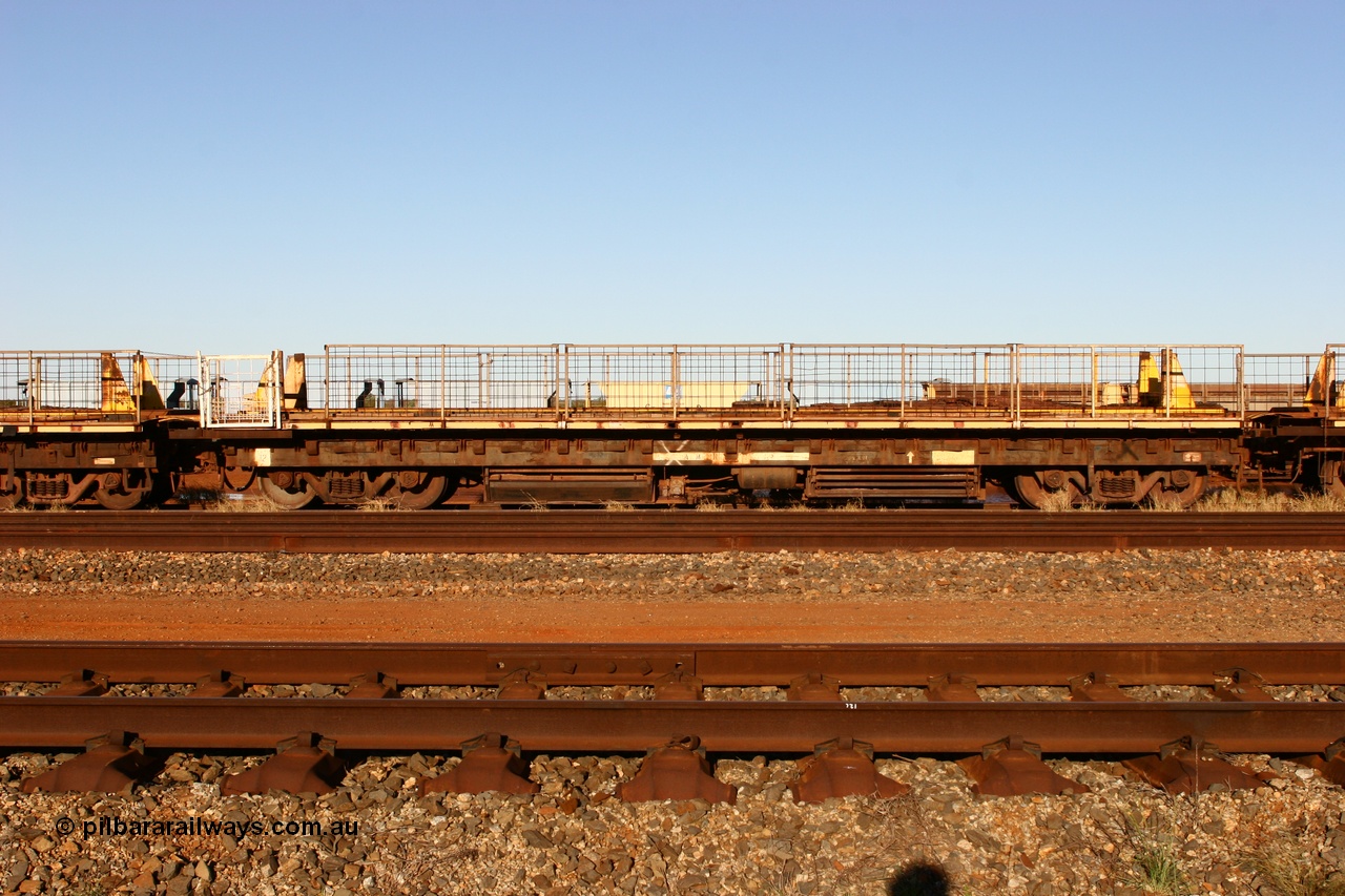 060429 3761
Flash Butt yard, Pony re-laying waggon, built for Mt Newman Mining, builders plate for Scotts of Ipswich Qld with a 24th September 1970 build date, one of nine originally numbered 6005-6013.
Keywords: BHP-pony-waggon;Scotts-Qld;