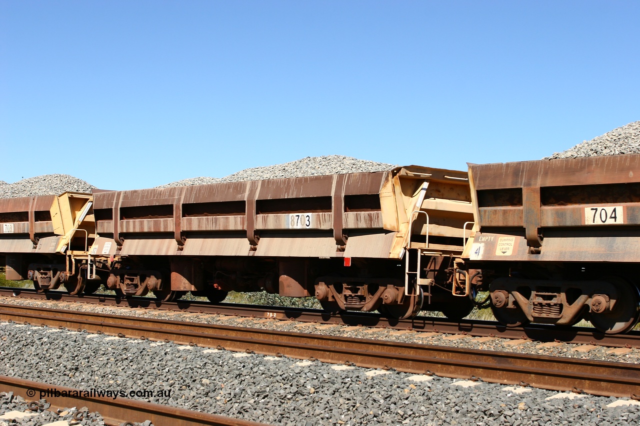 060501 3895
Tabba Siding, originally built by Difco USA for Goldsworthy Mining Ltd in 1967 as a batch of five, prefixed with 870 in BHP service, 8703 side dump waggon loaded with ballast.
Keywords: Difco-Ohio-USA;GML;BHP-ballast-waggon;