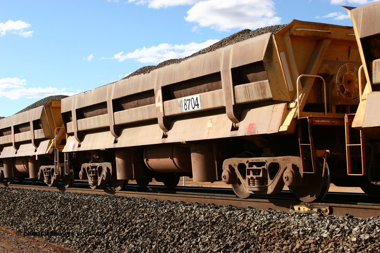060618 6211
Abydos Siding, originally built by Difco USA for Goldsworthy Mining Ltd in 1967 as a batch of five, prefixed with 870 in BHP service, 8704 side dump waggon loaded with fines for pad capping.
Keywords: Difco-Ohio-USA;GML;BHP-ballast-waggon;