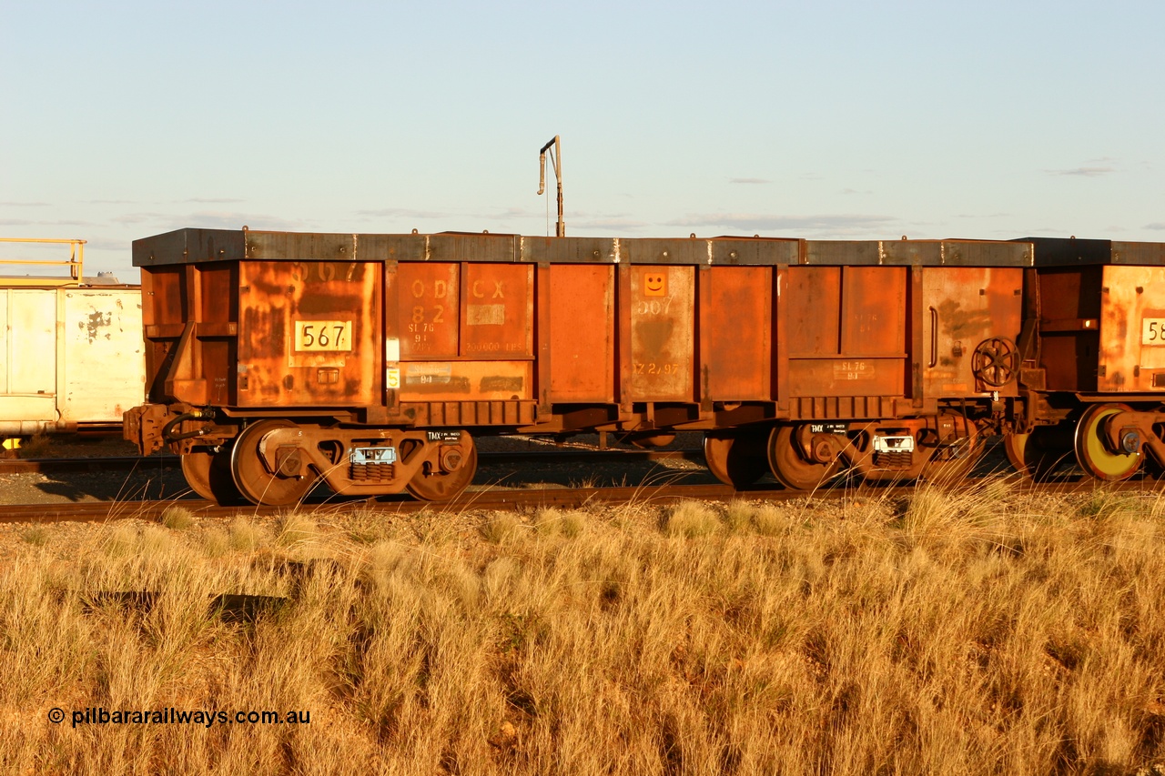 060618 6217
Flash Butt yard, modified original Magor USA built Oroville waggon 567, cut down and covered for use as indexing waggons at Finucane Island car dumpers, note the original ODCX marking visible.
Keywords: Magor-USA;Oroville;BHP-index-waggon;