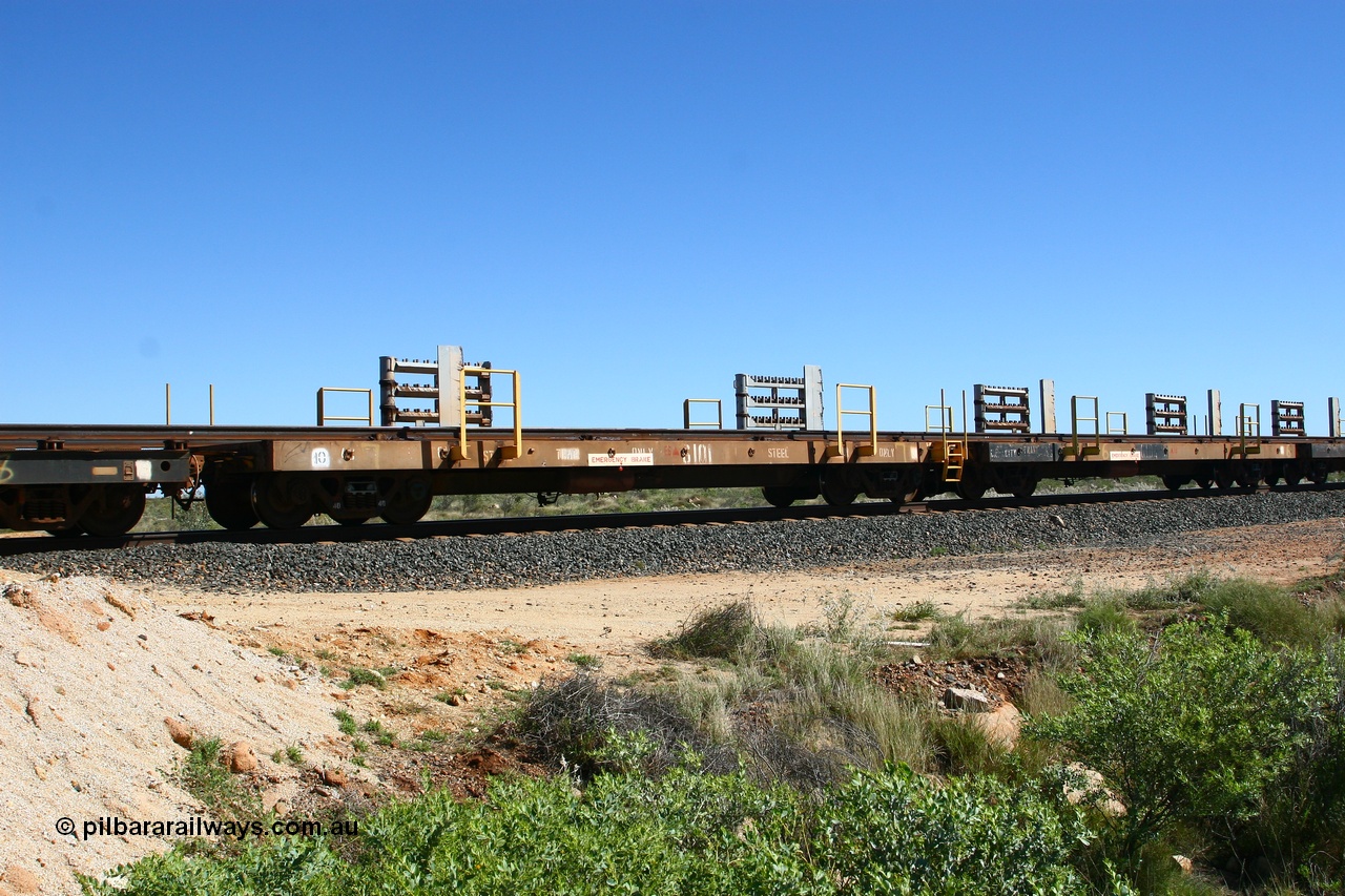 080621 2715
Tabba South, one of a batch of six flat waggons converted by Mt Newman Mining workshops by cutting down a pair of ore waggons to make one flat waggon, 6101 in service with the rail recovery and transport train as waggon #7.
Keywords: Mt-Newman-Mining-WS;Magor-USA;BHP-rail-train;