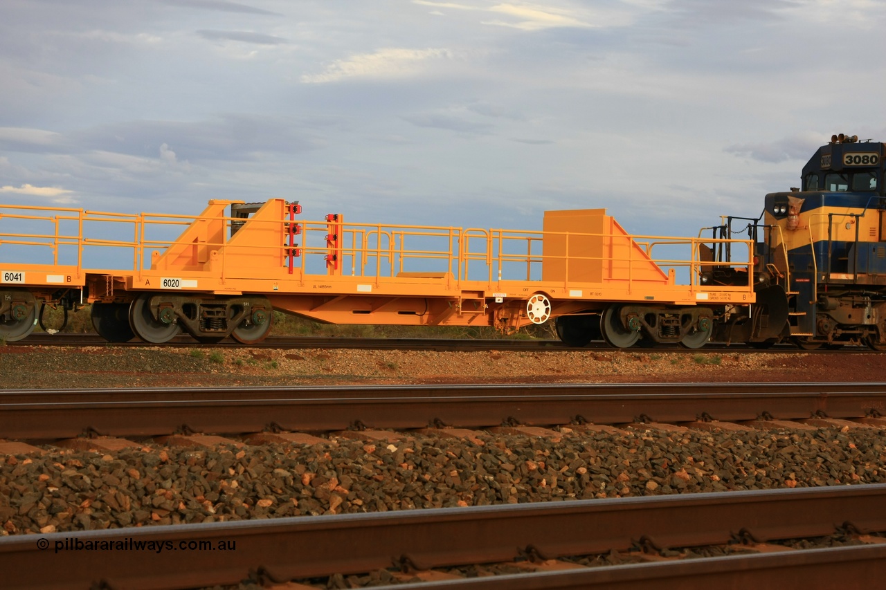 100717 0656
Flash Butt yard, new rail stock carrier waggon 6020, built by Gemco Rail in late 2009-10 with Barber bogies.
Keywords: Gemco-Rail-WA;BHP-rail-train;