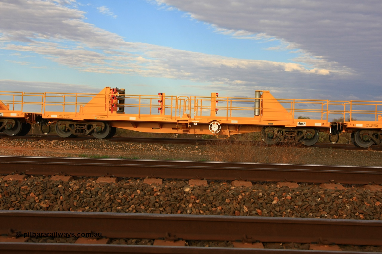 100717 0658
Flash Butt yard, new rail stock carrier waggon 6042, built by Gemco Rail in late 2009-10 with Barber bogies.
Keywords: Gemco-Rail-WA;BHP-rail-train;