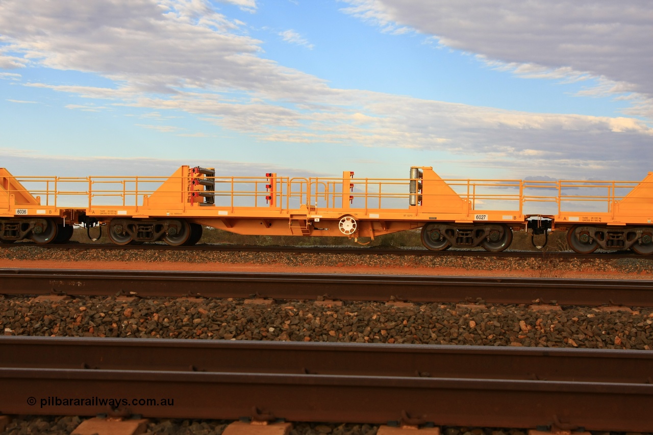 100717 0661
Flash Butt yard, new rail stock carrier waggon 6027, built by Gemco Rail in late 2009-10 with Barber bogies.
Keywords: Gemco-Rail-WA;BHP-rail-train;