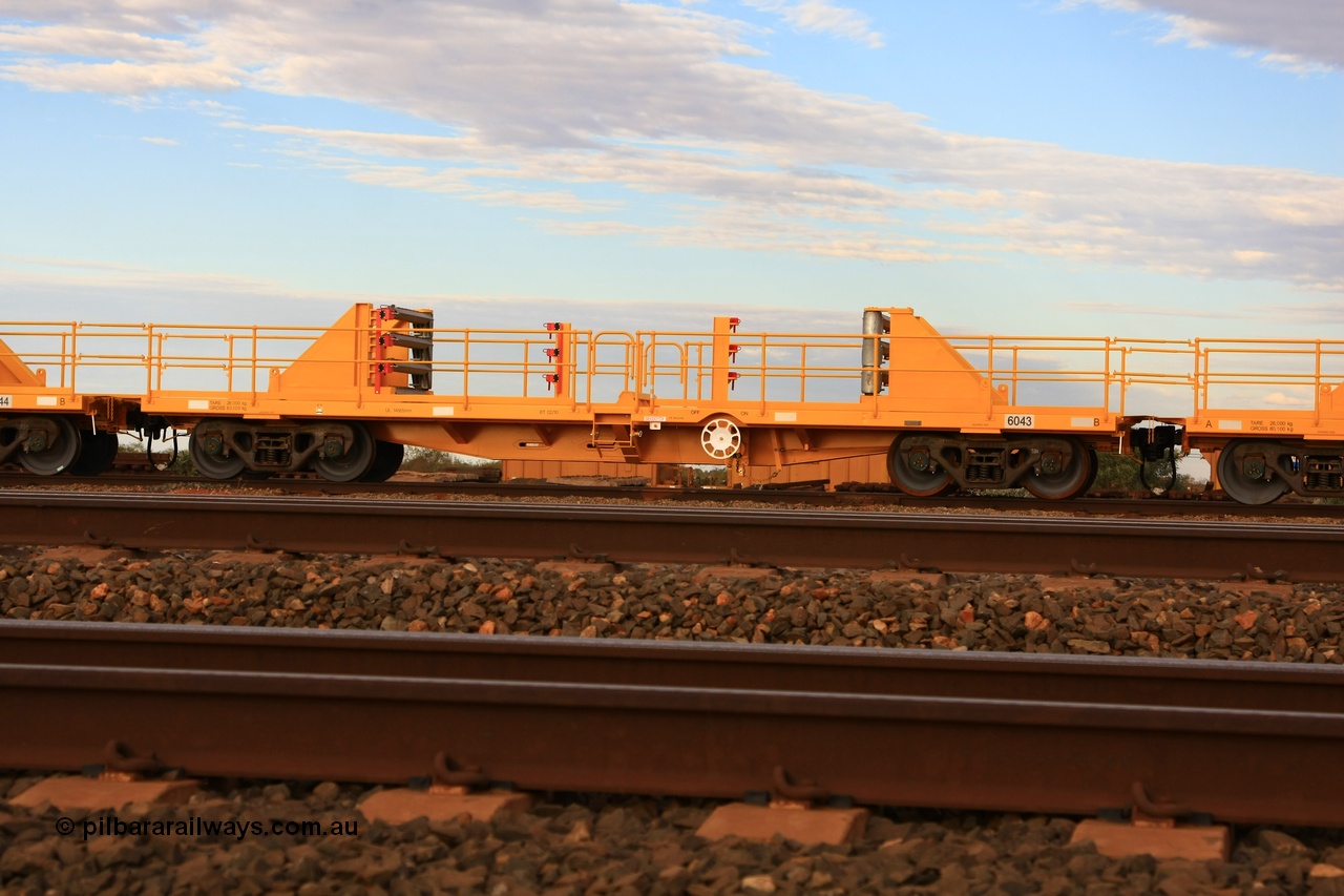 100717 0675
Flash Butt yard, new rail stock carrier waggon 6043, built by Gemco Rail in late 2009-10 with Barber bogies.
Keywords: Gemco-Rail-WA;BHP-rail-train;