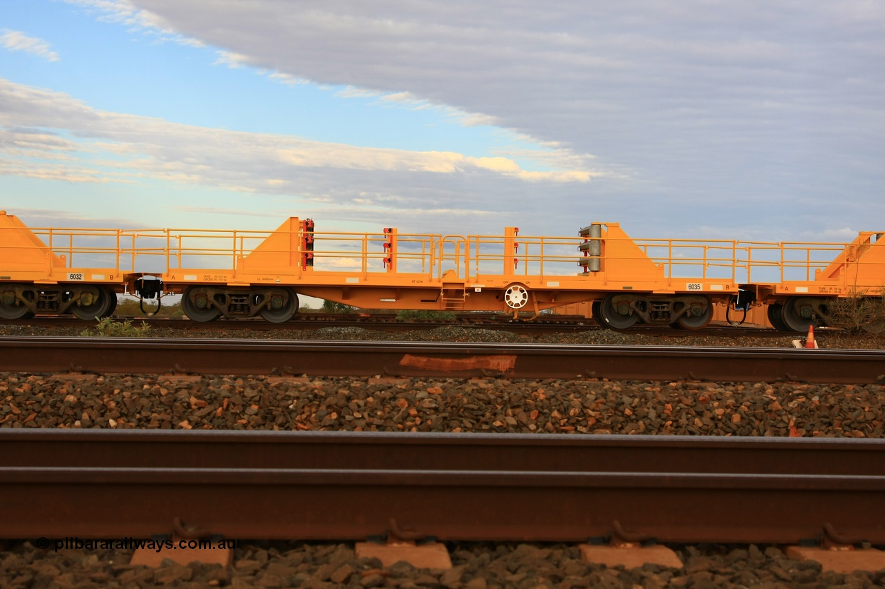 100717 0678
Flash Butt yard, new rail stock carrier waggon 6035, built by Gemco Rail in late 2009-10 with Barber bogies.
Keywords: Gemco-Rail-WA;BHP-rail-train;