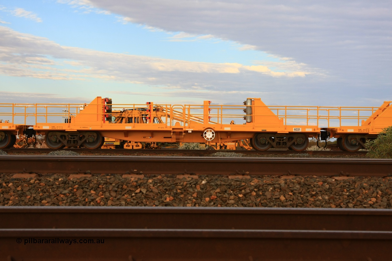 100717 0682
Flash Butt yard, new rail stock carrier waggon 6031, built by Gemco Rail in late 2009-10 with Barber bogies.
Keywords: Gemco-Rail-WA;BHP-rail-train;