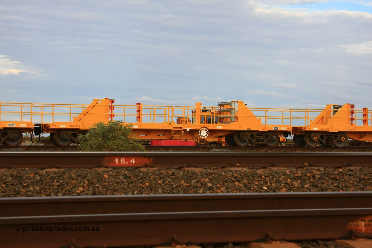 100717 0683
Flash Butt yard, new rail stock carrier waggon 6038, built by Gemco Rail in late 2009-10 with Barber bogies.
Keywords: Gemco-Rail-WA;BHP-rail-train;