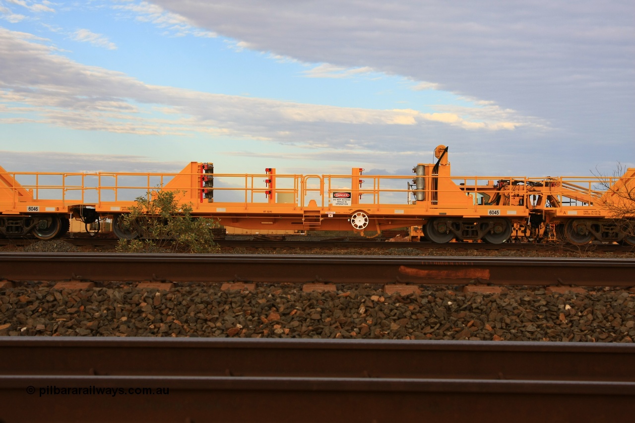 100717 0685
Flash Butt yard, new rail stock carrier waggon 6045, built by Gemco Rail in late 2009-10 with Barber bogies.
Keywords: Gemco-Rail-WA;BHP-rail-train;