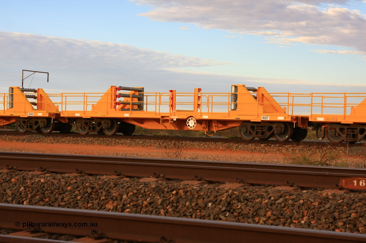 100717 0693
Flash Butt yard, new rail stock carrier waggon 6027, built by Gemco Rail in late 2009-10 with Barber bogies.
Keywords: Gemco-Rail-WA;BHP-rail-train;