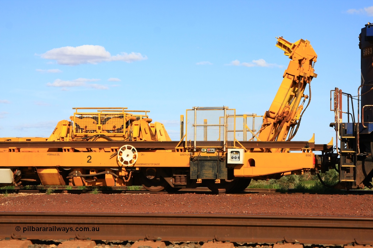 110208 9432
Flash Butt yard, new Lead-Off Lead-On waggon STTR class STTR 6214 on the end of the Steel Train or rail recovery and transport train, built by Gemco Rail WA, the chutes can be seen standing up with the squeeze rollers behind the mesh.
Keywords: Gemco-Rail-WA;BHP-rail-train;STTR-type;STTR6214;