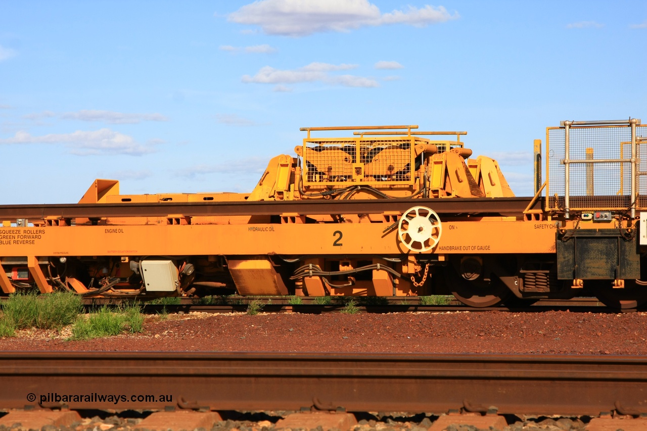 110208 9435
Flash Butt yard, new Lead-Off Lead-On waggon STTR class STTR 6214 on the end of the Steel Train or rail recovery and transport train, built by Gemco Rail WA, squeeze roller location.
Keywords: Gemco-Rail-WA;BHP-rail-train;STTR-type;STTR6214;