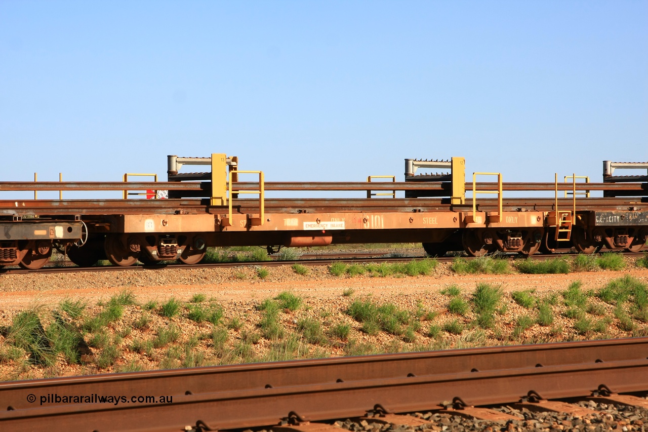 110208 9437
Flash Butt yard, one of a batch of six flat waggons converted by Mt Newman Mining workshops by cutting down a pair of ore waggons to make one flat waggon, 6101 in service with the rail recovery and transport train.
Keywords: Mt-Newman-Mining-WS;BHP-rail-train;