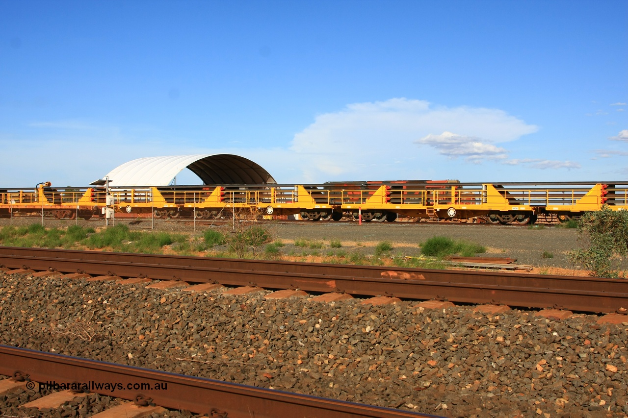 110208 9446
Flash Butt yard, new rail stock carrier waggons 6038 and 6031 loaded with strings of rail, built by Gemco Rail in late 2009-10.
Keywords: BHP-rail-train;Gemco-Rail-WA;