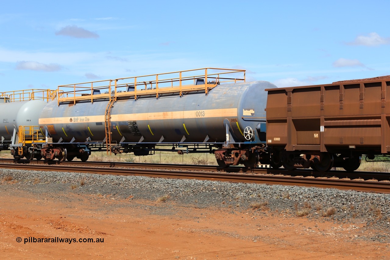 150314 7739
Bing Siding, empty 116 kL Comeng WA built tank waggon 0013 from 1974-5, one of six such tank waggons.
Keywords: Comeng-WA;BHP-tank-waggon;