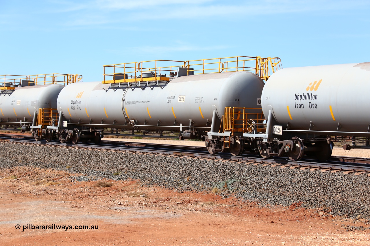 160128 00333
Mooka Siding, empty 116 kL CNR-QRRS of China built tank waggon 0023, one of a batch of ten built in 2014.
Keywords: CNR-QRRS-China;BHP-tank-waggon;