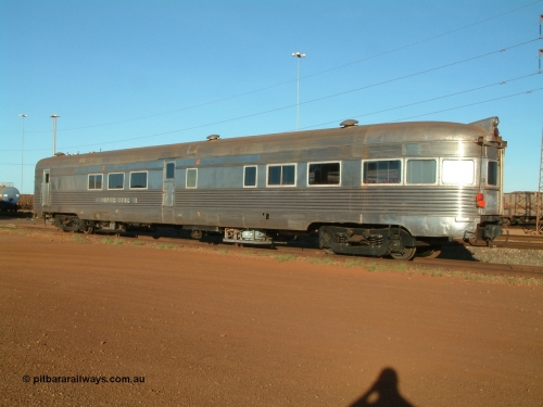 Sundowner EG Budd USA 040616 162154
Nelson Point, the Sundowner coach, originally built by E. G. Budd in 1939 numbered 301 as the Silver Star as a diner-parlour-observation coach on the Chicago, Burlington and Quincy Railroad's General Pershing Zephyr train from the 1930s and 1940s. Donated to Mt Newman Mining Co. by AMAX an original joint venture partner to commemorate the projects first 100 million tonnes of iron ore railed between Mount Whaleback mine and the Port Hedland port.
Keywords: Silver-Star;EG-Budd;Sundowner;General-Pershing-Zephyr;301;