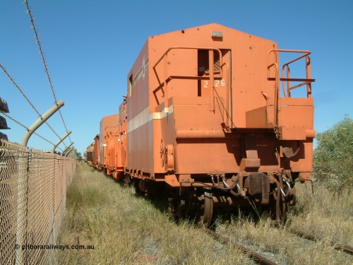 2626 Mt Newman Mining Workshops 040806 102718
Flash Butt yard, rear view of stored out of service LocoTrol waggons, 2626 closest to camera.
Keywords: Comeng-WA;BHP-Locotrol-waggon;