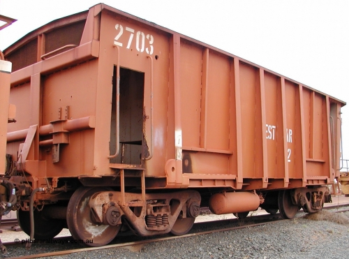 2703 Mt Newman Mining Workshops 040806 102936
Flash Butt yard, view of Rail Dynamics Laboratory test waggon 2703, modified by Mt Newman Mining Workshops from waggon number 2716 in 1975, originally a Comeng built waggon dating from 1971.
Keywords: Comeng-WA;BHP-Comeng-Ore-Waggon;BHP-Service-Waggon;
