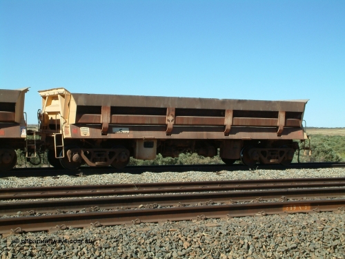 8705 Difco USA 040810 145007
Shaw Siding backtrack, Difco Ohio USA 1967 build short side dump waggon 5, originally built for Goldsworthy Mining, but not yet renumbered by BHP Iron Ore, it should be 8705, one five waggons built for Goldsworthy Mining.
Keywords: Difco-Ohio-USA;GML;BHP-ballast-waggon;