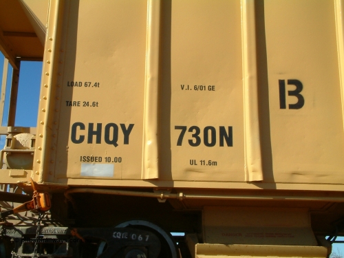 CHQY 730 040814 092011
Nelson Point, CFCLA ballast waggon CHQY type 730 just being delivered to BHP Iron Ore as part of the Rail PACE project, view of code board.
Keywords: CHQY-type;CHQY730;CFCLA;CRDX-type;BHP-ballast-waggon;