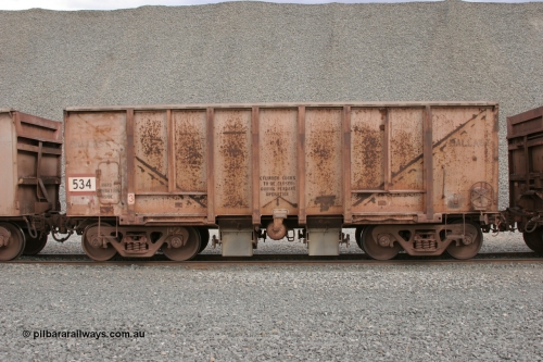 0534 Magor USA 050412 0752
Quarry 8, Shaw Siding area. Side view of 1963 built Magor USA waggon 534, originally in ore service before conversion to a ballast waggon.
Keywords: Magor-USA;BHP-ballast-waggon;