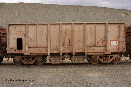 0503 Magor USA 050412 0762
Quarry 8, Shaw Siding area. Side view of 1963 built Magor USA ballast waggon 503.
Keywords: Magor-USA;BHP-ballast-waggon;