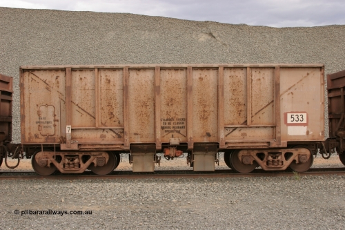 0533 Magor USA 050412 0764
Quarry 8, Shaw Siding area. Side view of 1963 built Magor USA waggon 533, originally in ore service before conversion to a ballast waggon.
Keywords: Magor-USA;BHP-ballast-waggon;