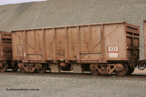 0533 Magor USA 050412 0767
Quarry 8, Shaw Siding area. 3/4 view of 1963 built Magor USA waggon 533, originally in ore service before conversion to a ballast waggon.
Keywords: Magor-USA;BHP-ballast-waggon;