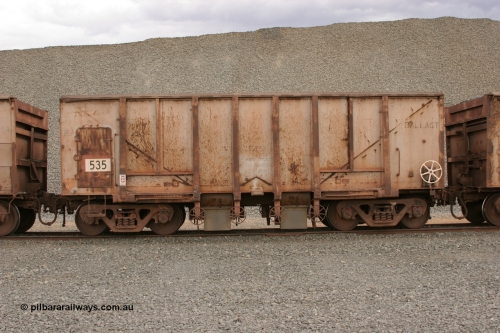 0535 Magor USA 050412 0770
Quarry 8, Shaw Siding area. Side view of 1963 built Magor USA waggon 535, originally in ore service before conversion to a ballast waggon.
Keywords: Magor-USA;BHP-ballast-waggon;