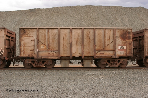 0502 Magor USA 050412 0772
Quarry 8, Shaw Siding area. Side view of 1963 built Magor USA ballast waggon 502.
Keywords: Magor-USA;BHP-ballast-waggon;