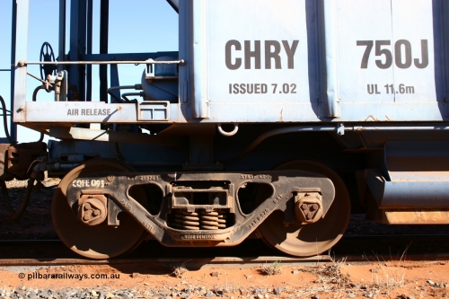 CHRY 750 050518 2128
Flash Butt yard, CFCLA hire ballast waggon CHRY type CHRY 750, shows bogie detail, AT & SF CS-3000 bogie casting with CFCLA id of CQFE 093
Keywords: CHRY-type;CHRY750;CFCLA;CRDX-type;BHP-ballast-waggon;