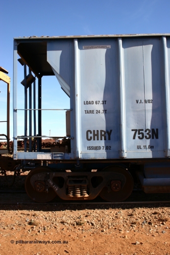 CHRY 753 050518 2138
Flash Butt yard, CFCLA hire ballast waggon CHRY type CHRY 753, non hand brake end detail, including bogie.
Keywords: CHRY-type;CHRY753;CFCLA;CRDX-type;BHP-ballast-waggon;