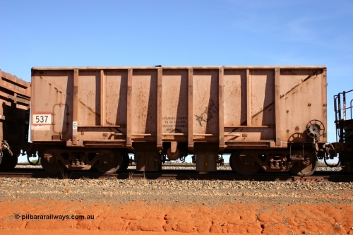 0537 Magor USA 050518 2156
Bing Siding. Side view of 1963 built Magor USA waggon 537, originally in ore service before conversion to a ballast waggon.
Keywords: Magor-USA;BHP-ballast-waggon;