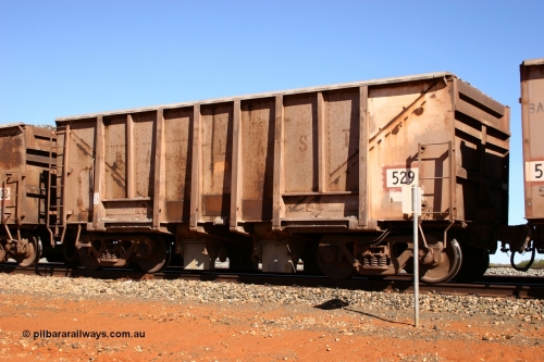 0529 Magor USA 050518 2159
Bing Siding. 3/4 view of 1963 built Magor USA waggon 529, originally in ore service before conversion to a ballast waggon.
Keywords: Magor-USA;BHP-ballast-waggon;