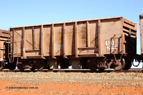 0523 Magor USA 050518 2165
Bing Siding. 3/4 view of 1963 built Magor USA waggon 523, originally in ore service before conversion to a ballast waggon.
Keywords: Magor-USA;BHP-ballast-waggon;