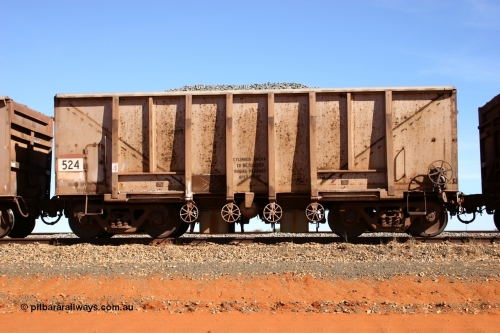 0524 Magor USA 050518 2168
Bing Siding. Side view of 1963 built Magor USA waggon 524, originally in ore service before conversion to a ballast waggon.
Keywords: Magor-USA;BHP-ballast-waggon;