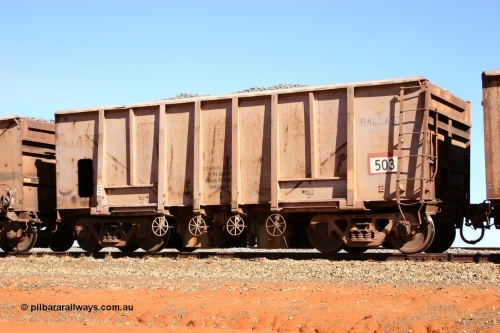 0503 Magor USA 050518 2171
Bing Siding. 3/4 view of 1963 built Magor USA waggon 503, one of twenty waggons originally used on the Oroville Dam construction before coming to the Pilbara in January 1968 as ballast waggons.
Keywords: Magor-USA;BHP-ballast-waggon;