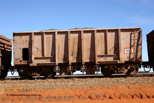 0503 Magor USA 050518 2173
Bing Siding. Side view of 1963 built Magor USA waggon 503, one of twenty waggons originally used on the Oroville Dam construction before coming to the Pilbara in January 1968 as ballast waggons.
Keywords: Magor-USA;BHP-ballast-waggon;