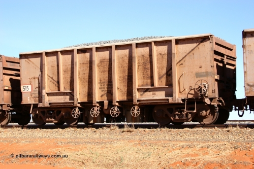 0515 Magor USA 050518 2174
Bing Siding. 3/4 view of 1963 built Magor USA waggon 515, one of twenty waggons originally used on the Oroville Dam construction before coming to the Pilbara in January 1968 as ballast waggons.
Keywords: Magor-USA;BHP-ballast-waggon;