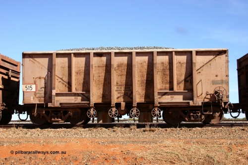 0515 Magor USA 050518 2175
Bing Siding. Side view of 1963 built Magor USA waggon 515, one of twenty waggons originally used on the Oroville Dam construction before coming to the Pilbara in January 1968 as ballast waggons.
Keywords: Magor-USA;BHP-ballast-waggon;
