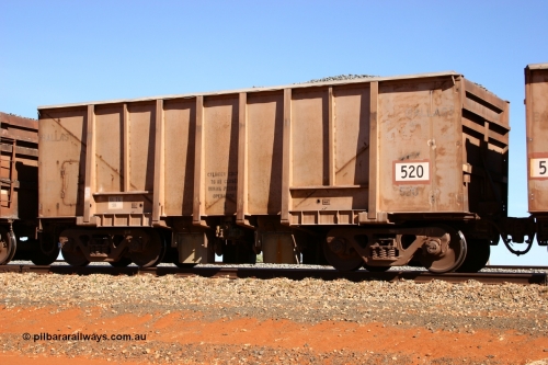 0520 Magor USA 050518 2178
Bing Siding. 3/4 view of 1963 built Magor USA waggon 520, the last of twenty waggons originally used on the Oroville Dam construction before coming to the Pilbara in January 1968 as ballast waggons.
Keywords: Magor-USA;BHP-ballast-waggon;