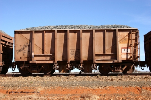 0519 Magor USA 050518 2187
Bing Siding. Side view of 1963 built Magor USA waggon 519, one of twenty waggons originally used on the Oroville Dam construction before coming to the Pilbara in January 1968 as ballast waggons.
Keywords: Magor-USA;BHP-ballast-waggon;