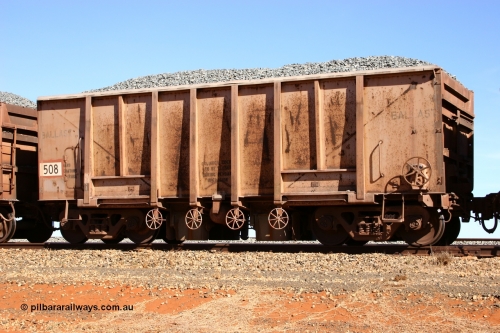 0508 Magor USA 050518 2188
Bing Siding. 3/4 view of 1963 built Magor USA waggon 508, one of twenty waggons originally used on the Oroville Dam construction before coming to the Pilbara in January 1968 as ballast waggons.
Keywords: Magor-USA;BHP-ballast-waggon;
