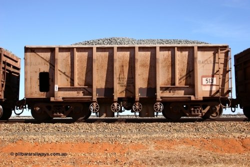 0513 Magor USA 050518 2191
Bing Siding. Side view of 1963 built Magor USA waggon 513, one of twenty waggons originally used on the Oroville Dam construction before coming to the Pilbara in January 1968 as ballast waggons.
Keywords: Magor-USA;BHP-ballast-waggon;